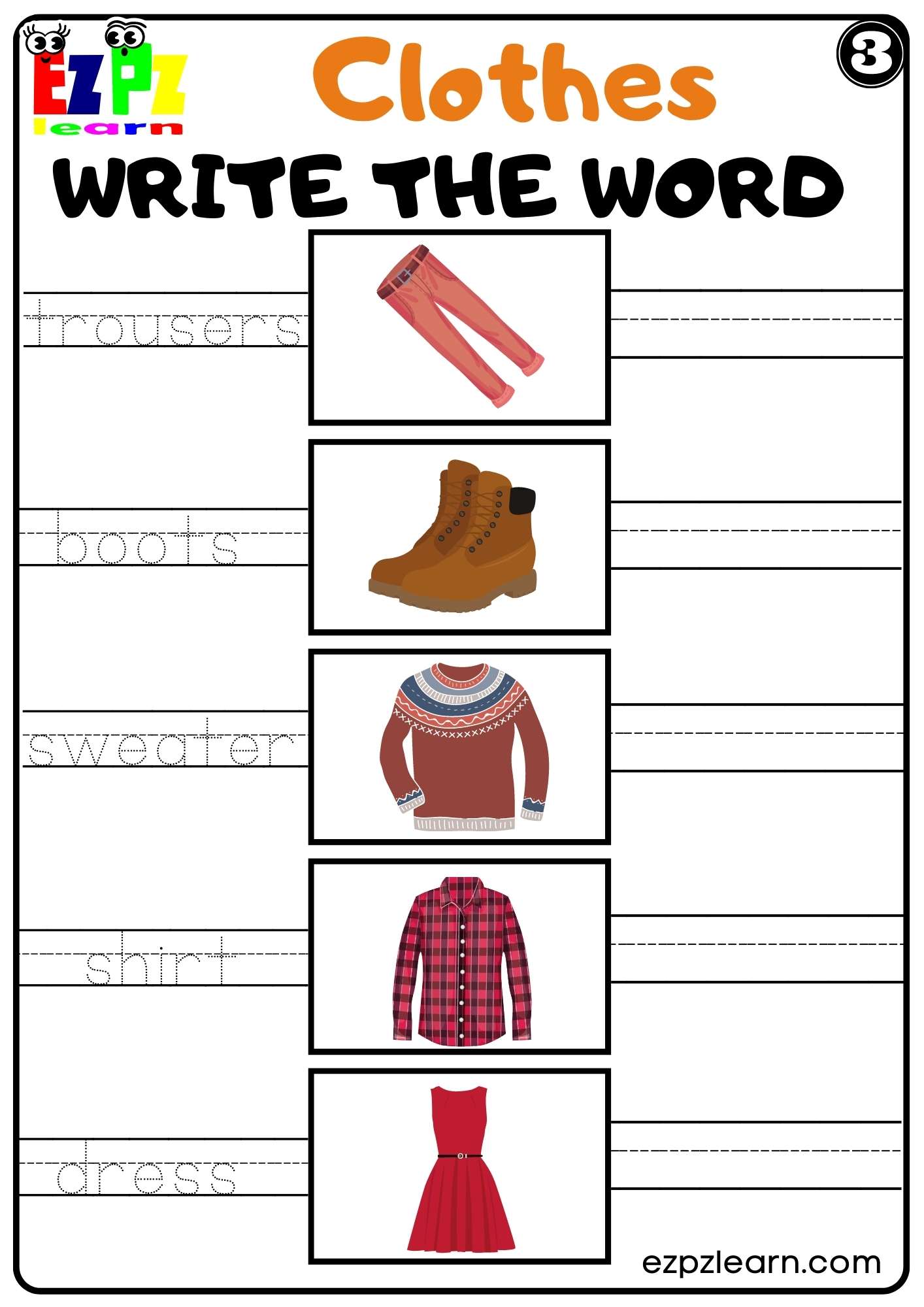 Clothes Write the Word Worksheet for Kindergarten K5 and ESL set 3